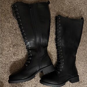 Black Lace-Up Knee-High Boots